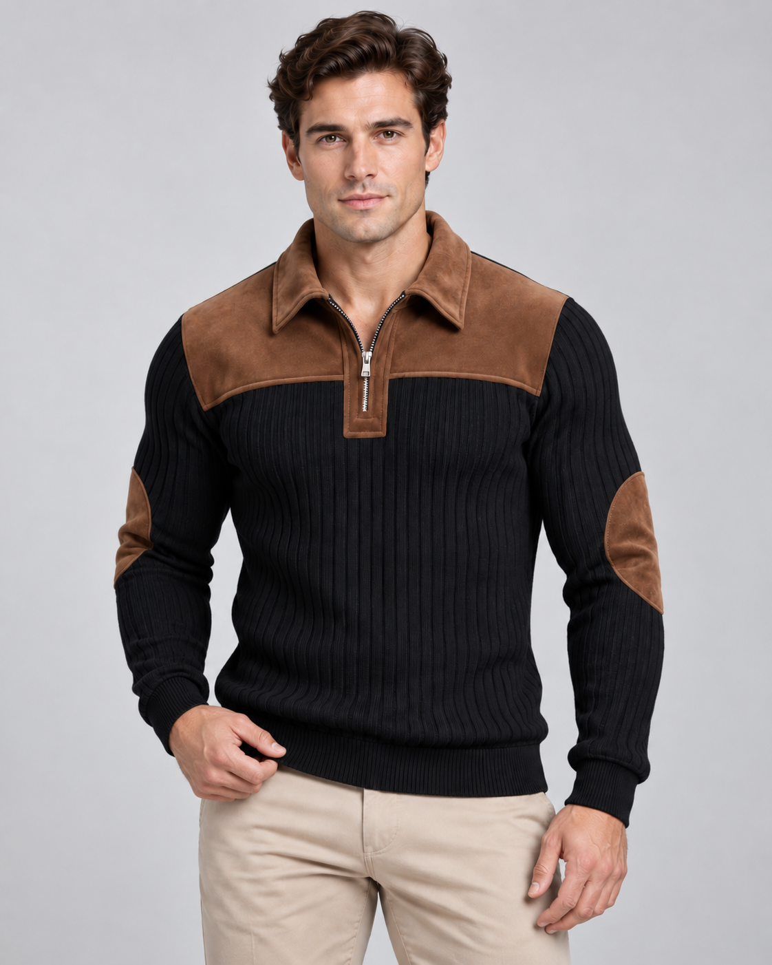 Men's Ribbed Quarter Zip Sweater - Contrast Yoke Regular Fit