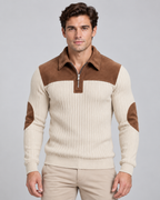 Men's Ribbed Quarter Zip Sweater - Contrast Yoke Regular Fit