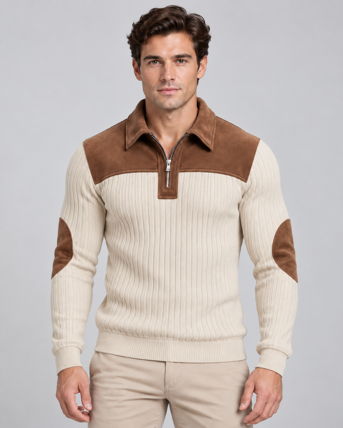 Men's Ribbed Quarter Zip Sweater - Contrast Yoke Regular Fit