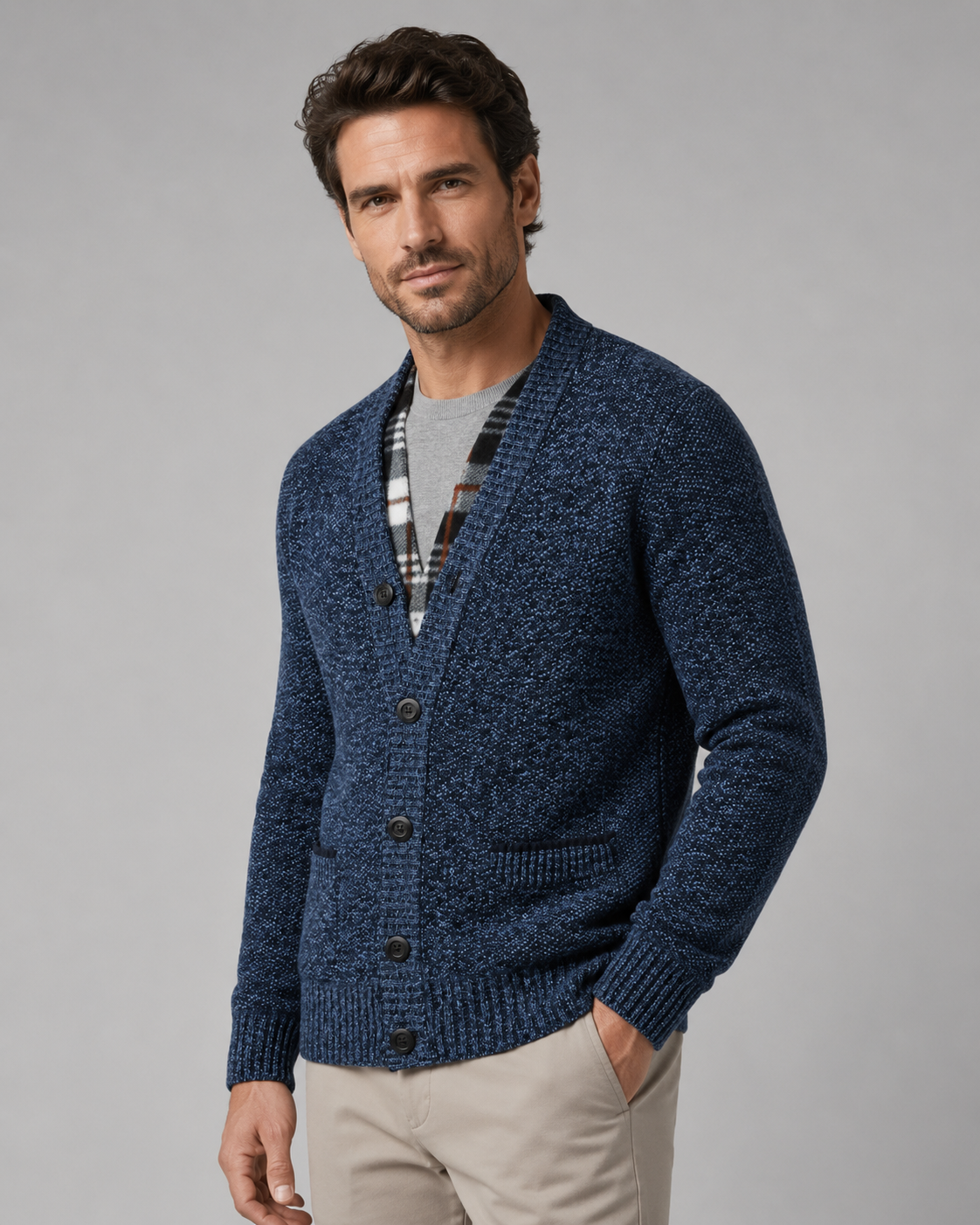 Men's Ribbed V-Neck Knitted Cardigan - Button Front
