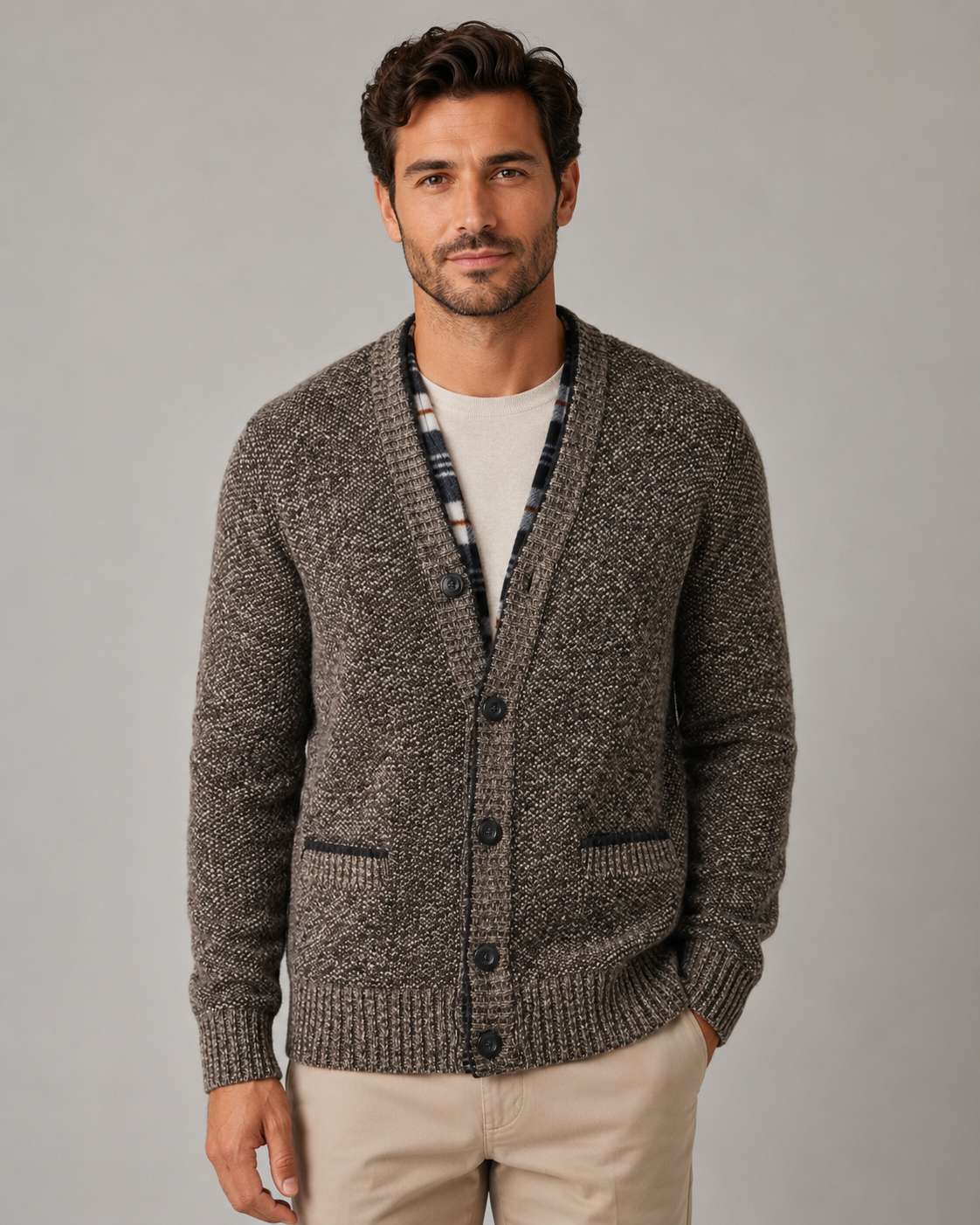 Men's Ribbed V-Neck Knitted Cardigan - Button Front