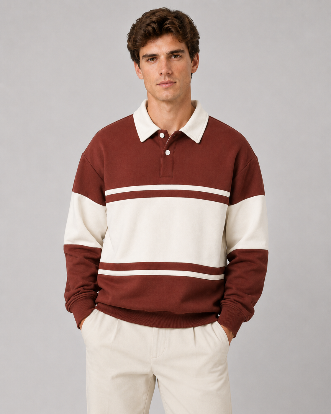 Men's Rugby Polo Sweater - Color Block Long Sleeve Relaxed Fit