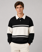 Men's Rugby Polo Sweater - Color Block Long Sleeve Relaxed Fit