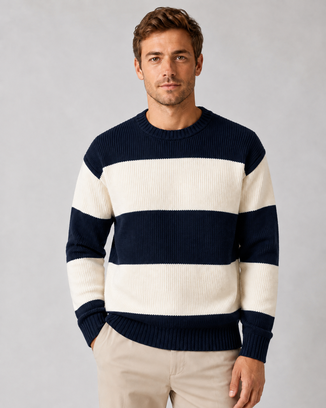 Men's Rugby Stripe Crew Neck Sweater - Relaxed Fit