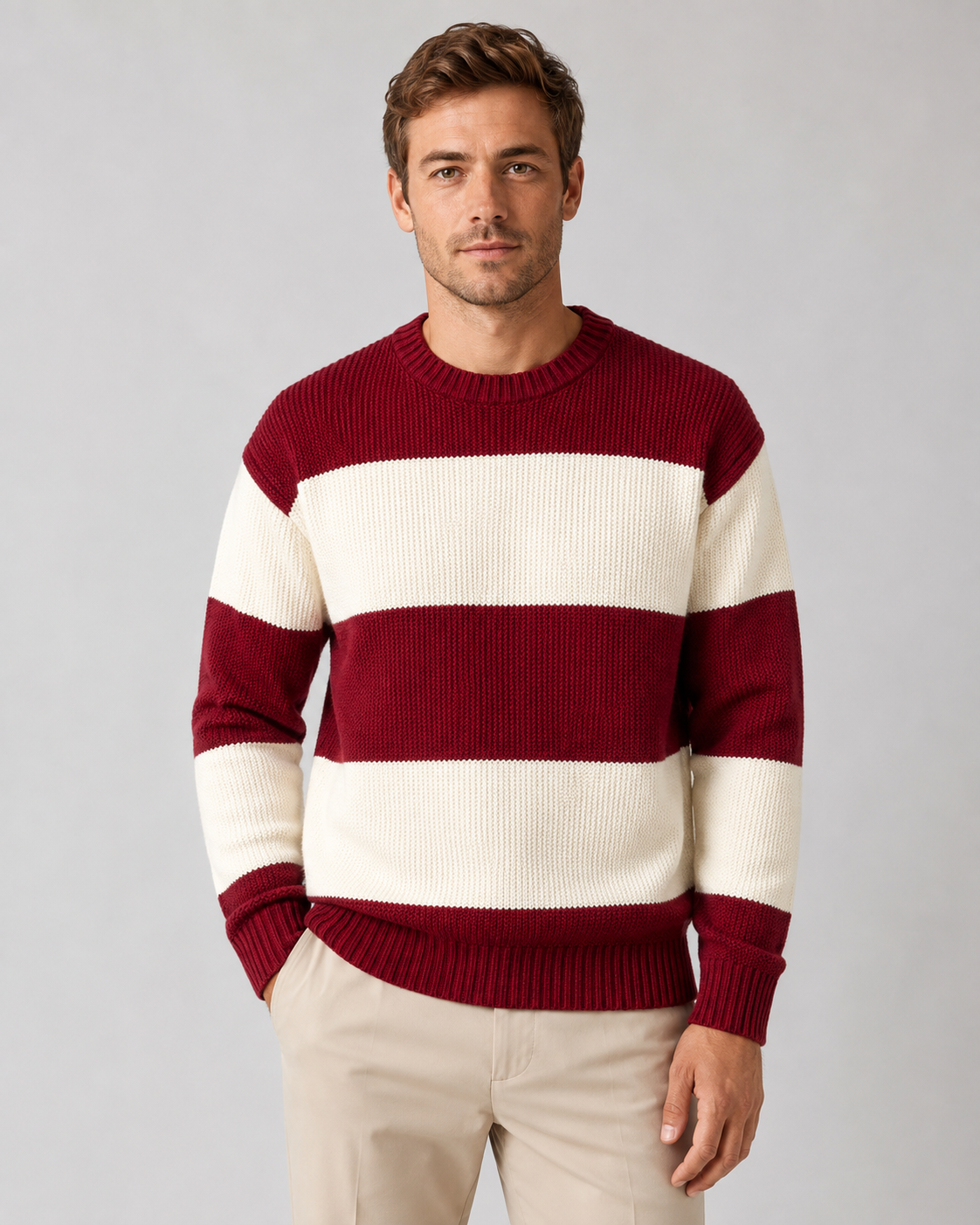Men's Rugby Stripe Crew Neck Sweater - Relaxed Fit