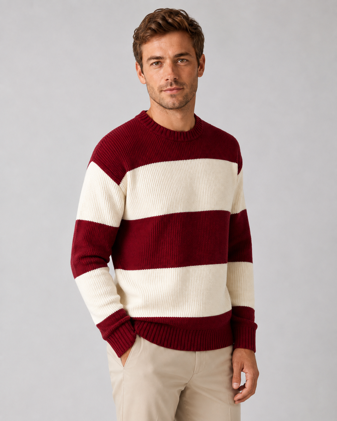 Men's Rugby Stripe Crew Neck Sweater - Relaxed Fit