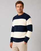 Men's Rugby Stripe Crew Neck Sweater - Relaxed Fit