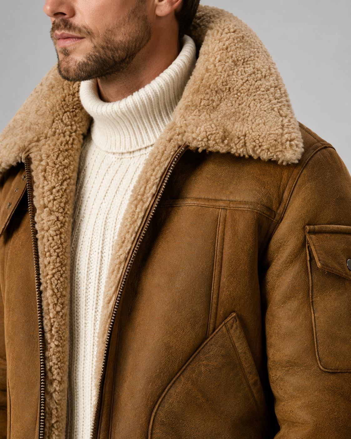 Men's Shearling-Lined Faux Leather Aviator Jacket