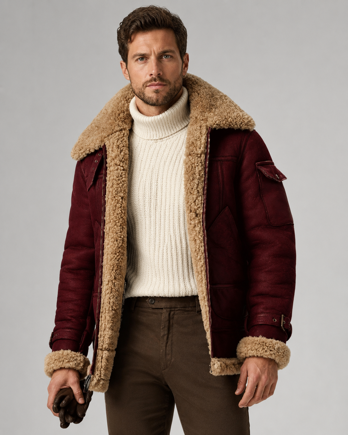 Men's Shearling-Lined Faux Leather Aviator Jacket