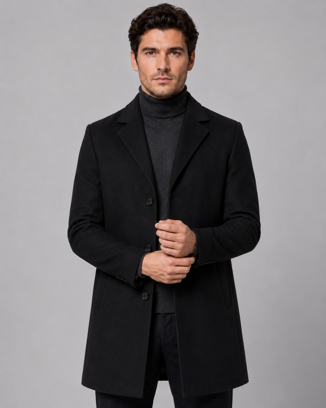 Men's Single-Breasted Wool Coat Notch Lapel Tailored