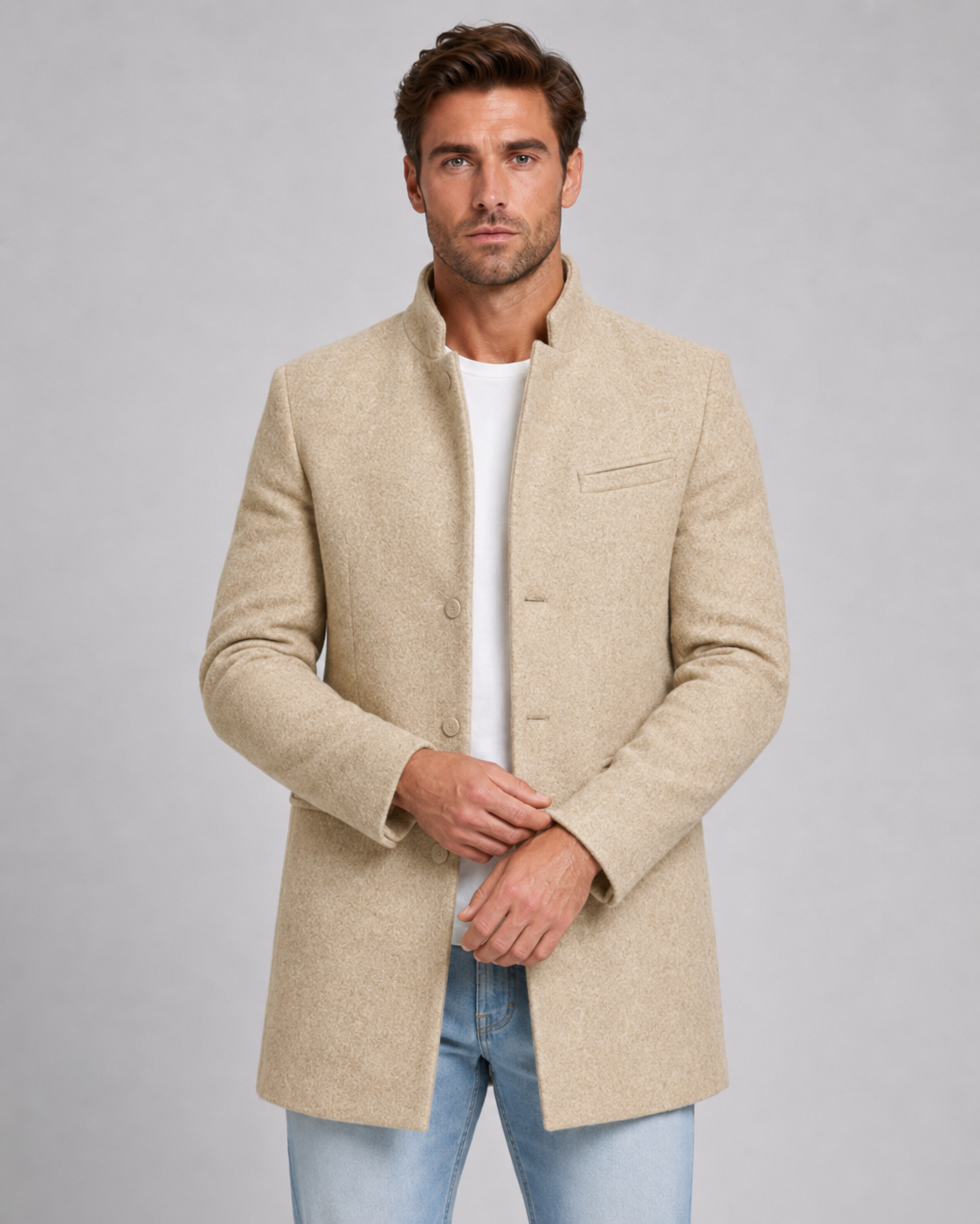 Men's Stand Collar Wool Coat Single-Breasted Tailored