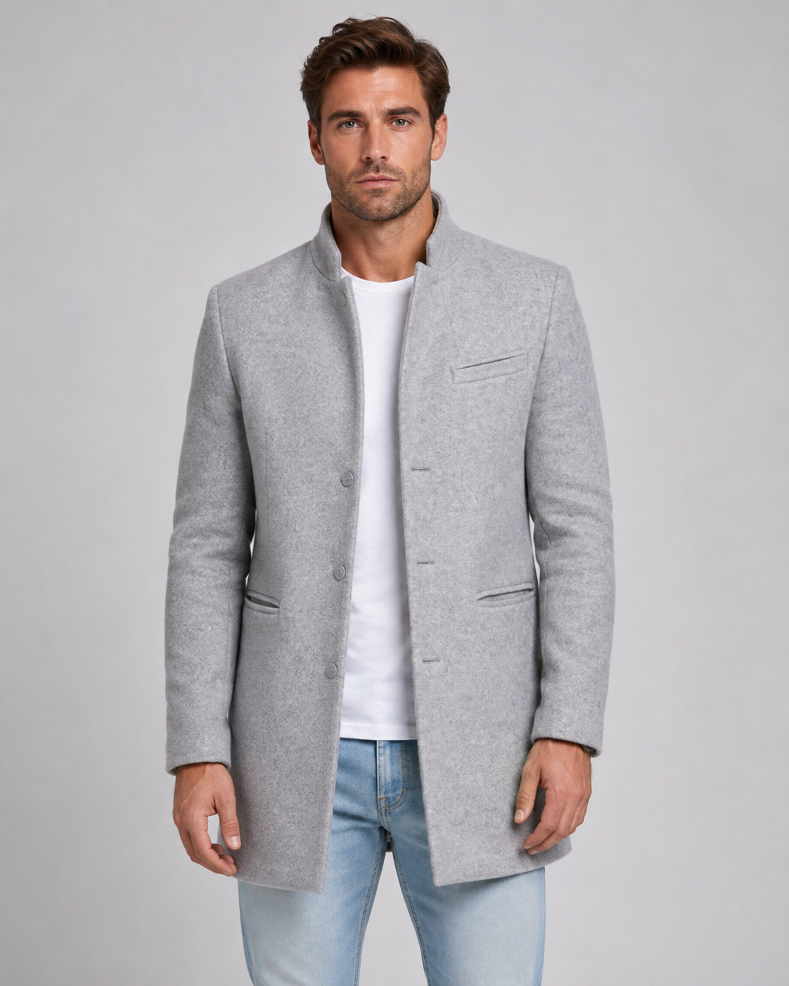 Men's Stand Collar Wool Coat Single-Breasted Tailored