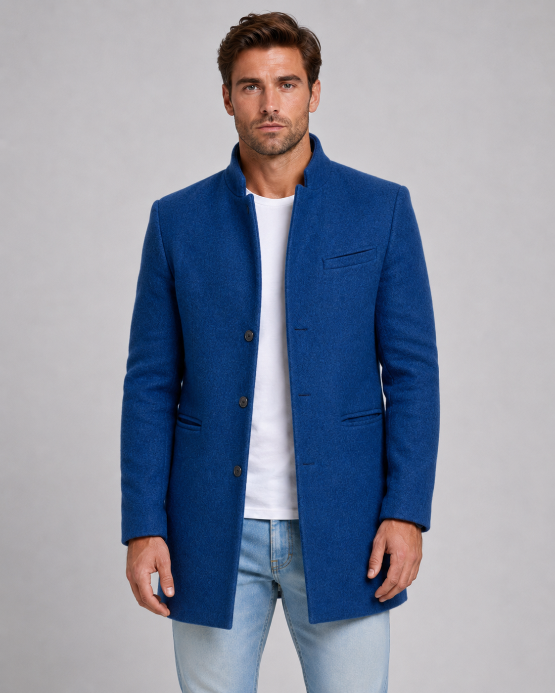 Men's Stand Collar Wool Coat Single-Breasted Tailored