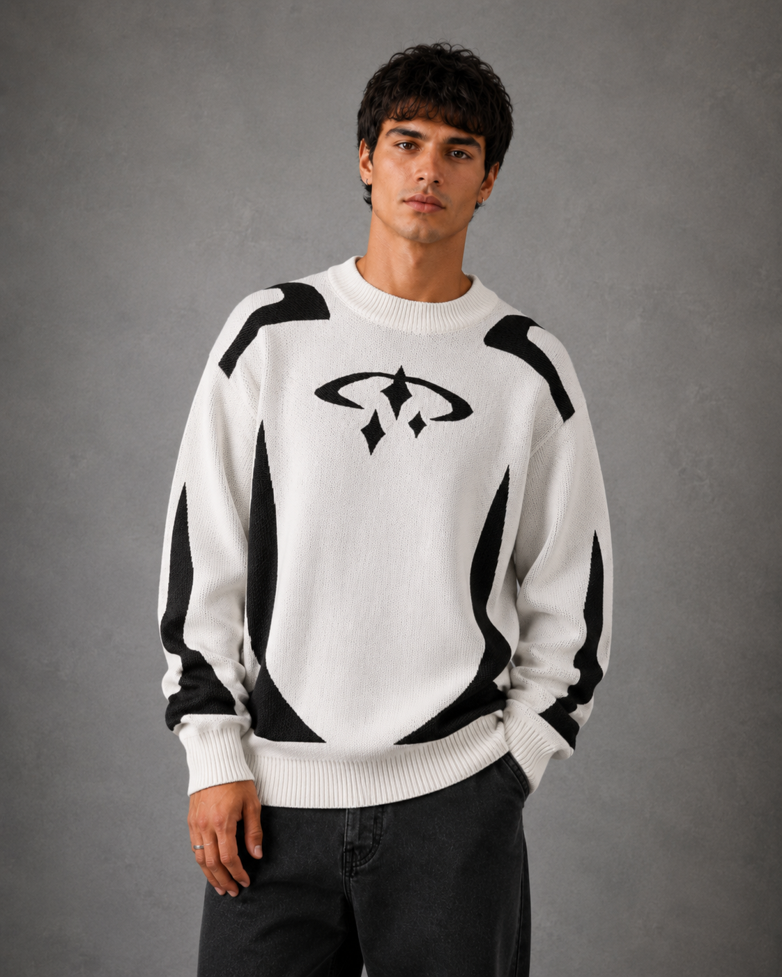 Men's Streetwear Graphic Knit Sweater - Crew Neck