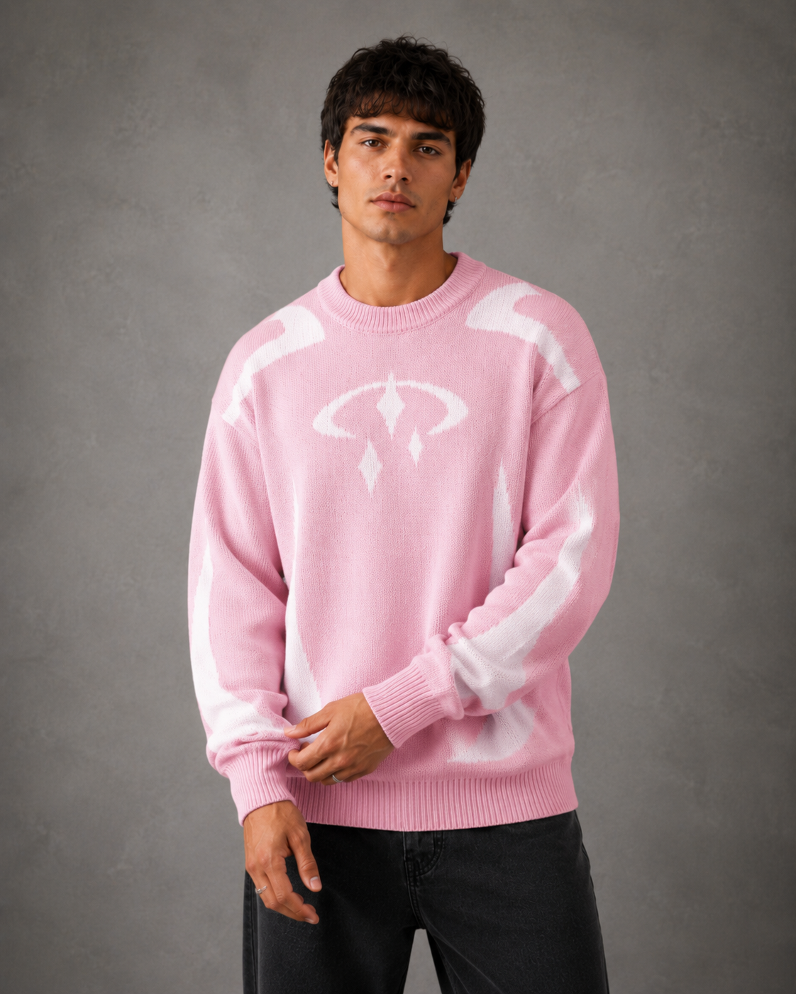 Men's Streetwear Graphic Knit Sweater - Crew Neck