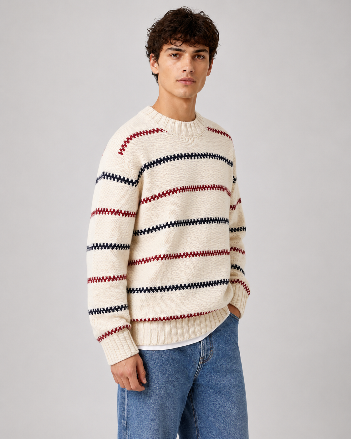 Men's Striped Knitted Sweater - Crew Neck Relaxed Fit
