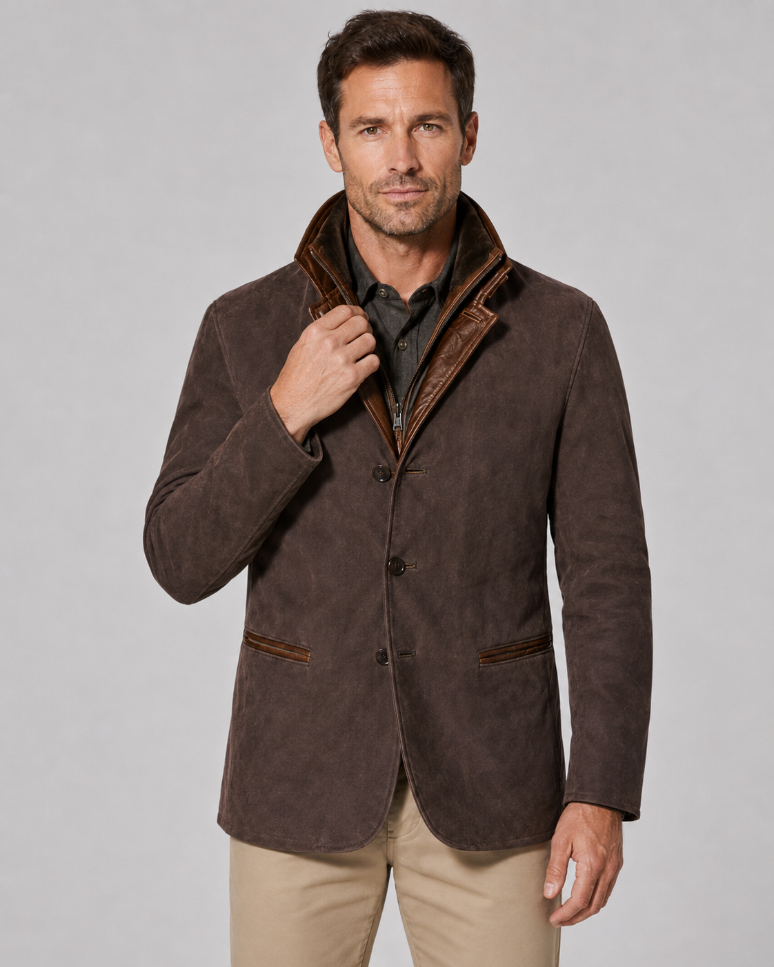 Men's Suede Jacket - Layered Zip Collar Notched Lapel