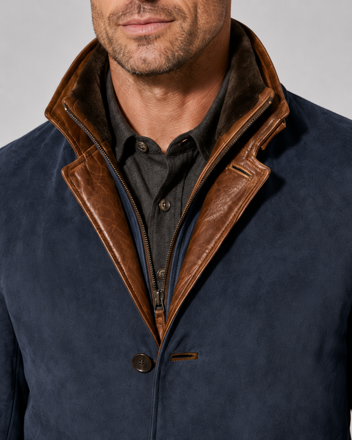 Men's Suede Jacket - Layered Zip Collar Notched Lapel