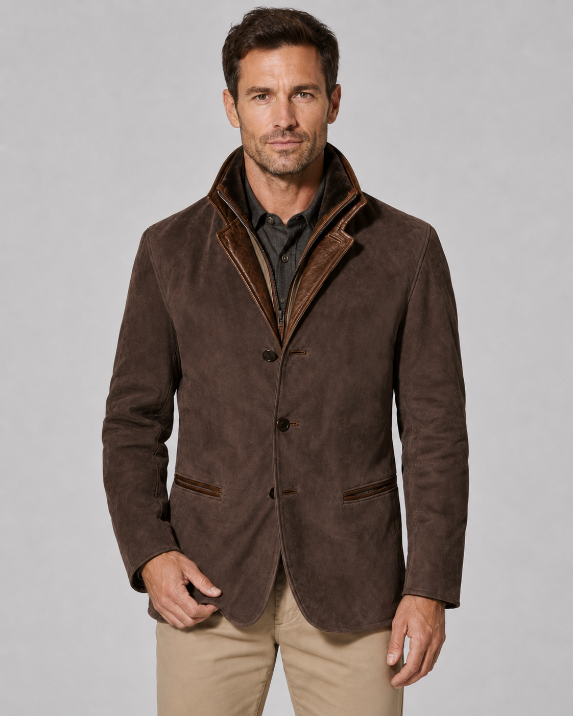 Men's Suede Jacket - Layered Zip Collar Notched Lapel