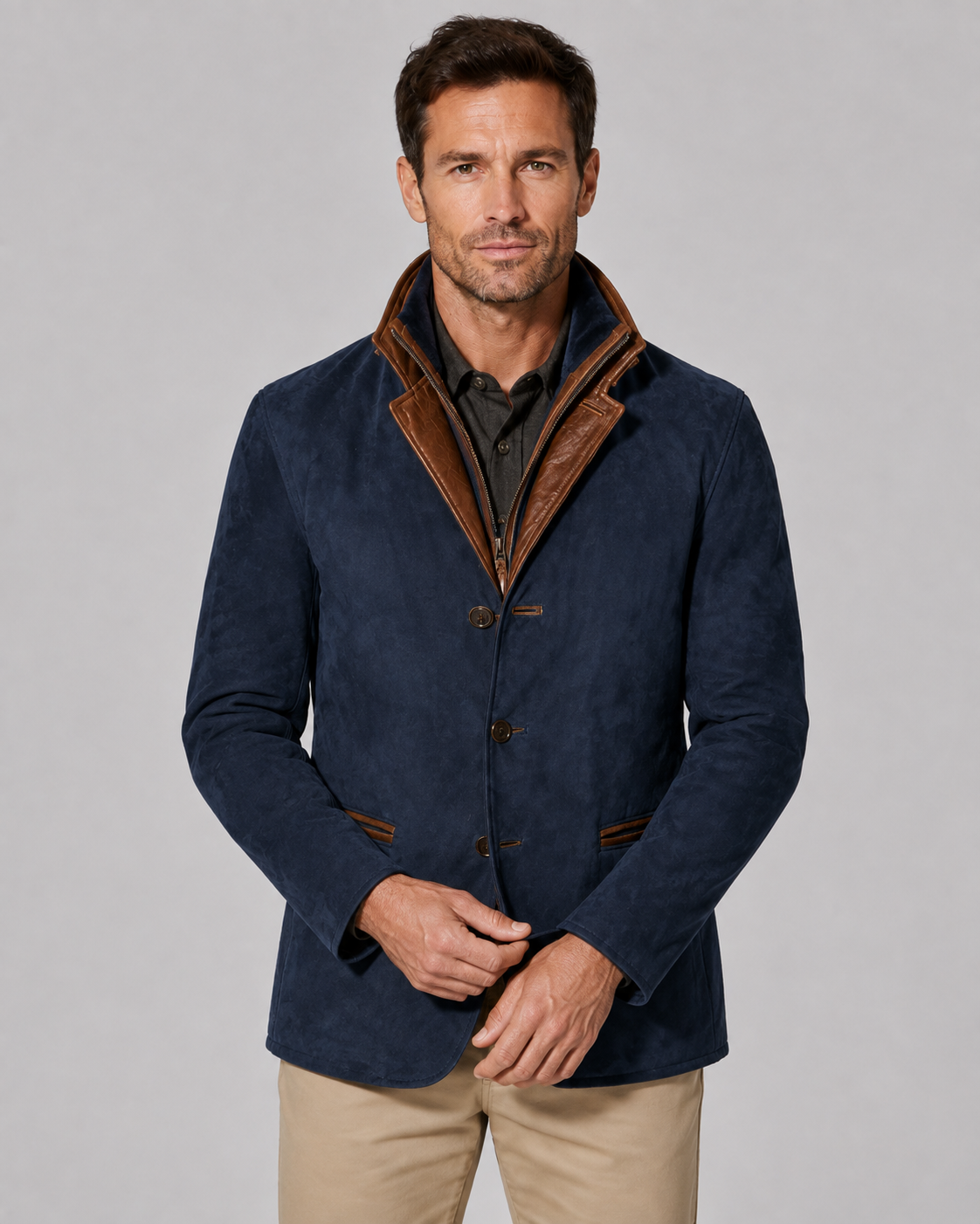 Men's Suede Jacket - Layered Zip Collar Notched Lapel