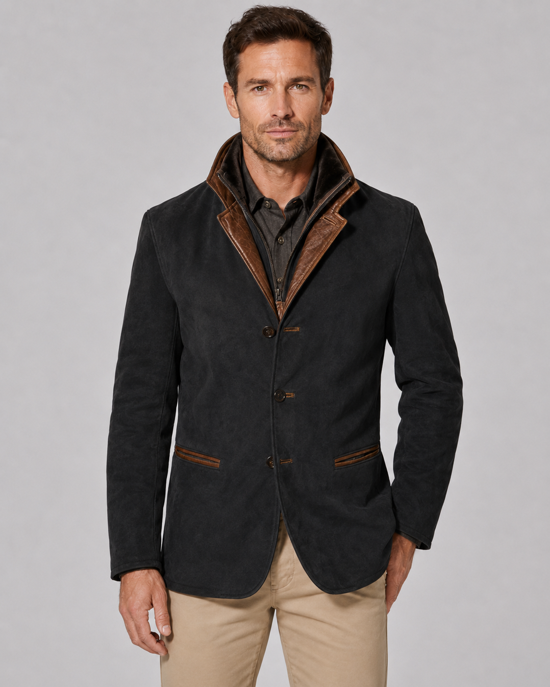 Men's Suede Jacket - Layered Zip Collar Notched Lapel