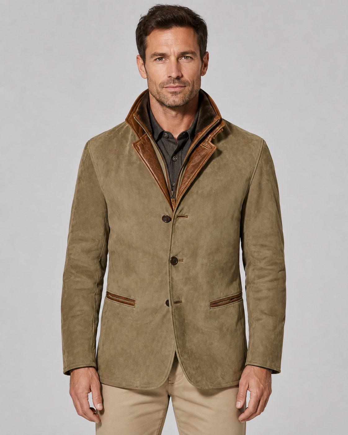 Men's Suede Jacket - Layered Zip Collar Notched Lapel