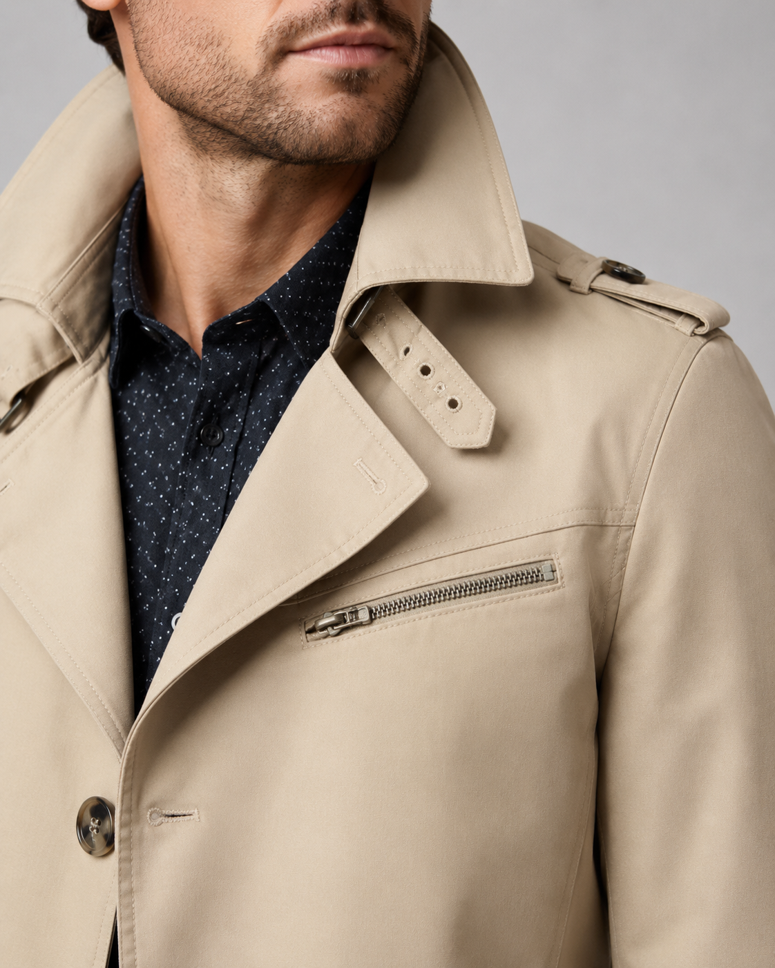 Men's Trench Coat - Button Front Epaulettes