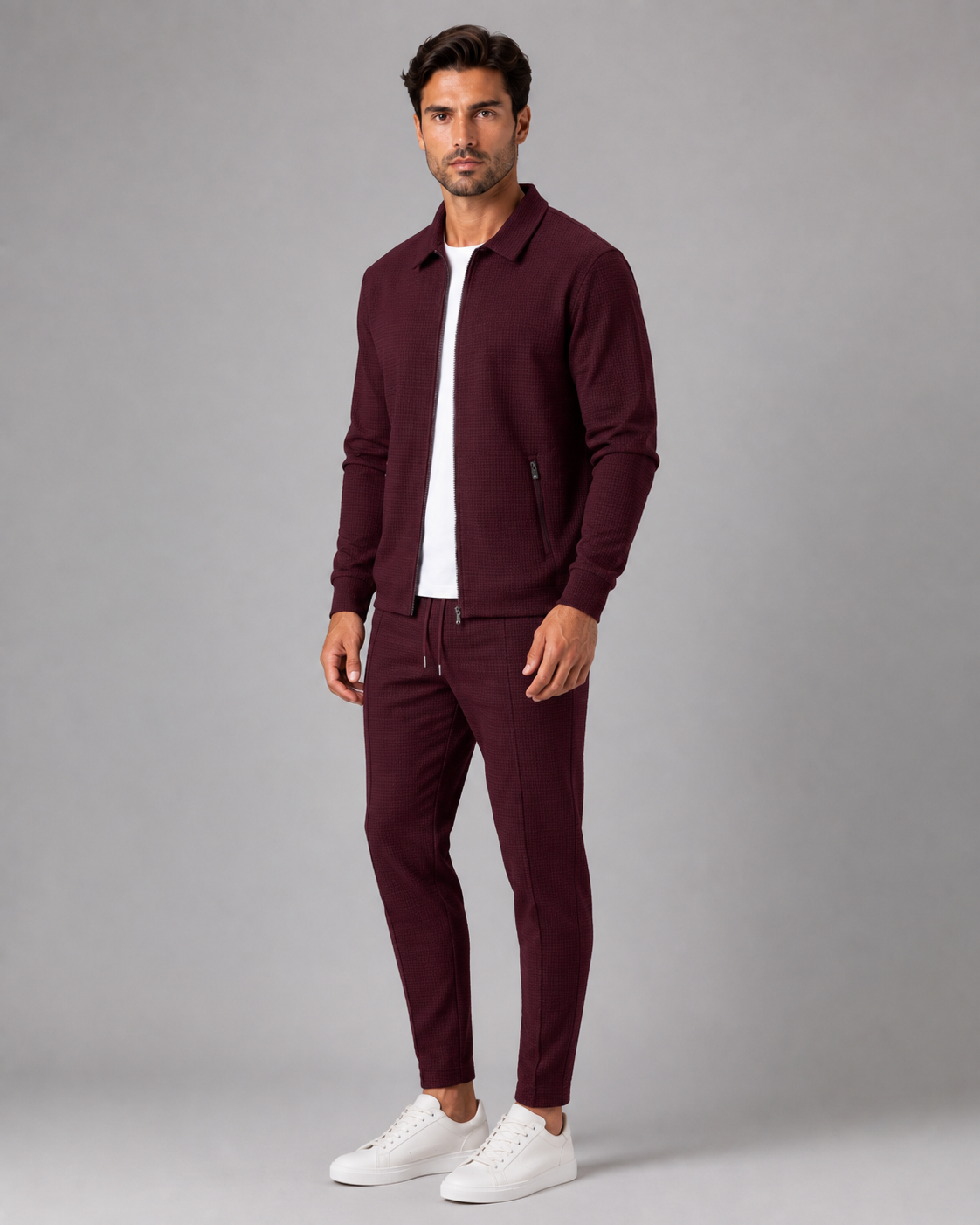 Men's Waffle Tracksuit Set - Zip Jacket & Pants