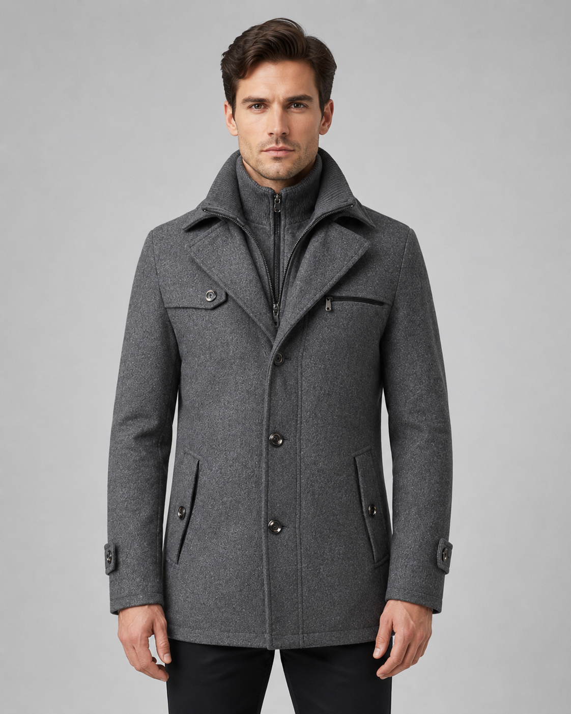 Men's Wool Coat Zip Insert Funnel Neck Tailored