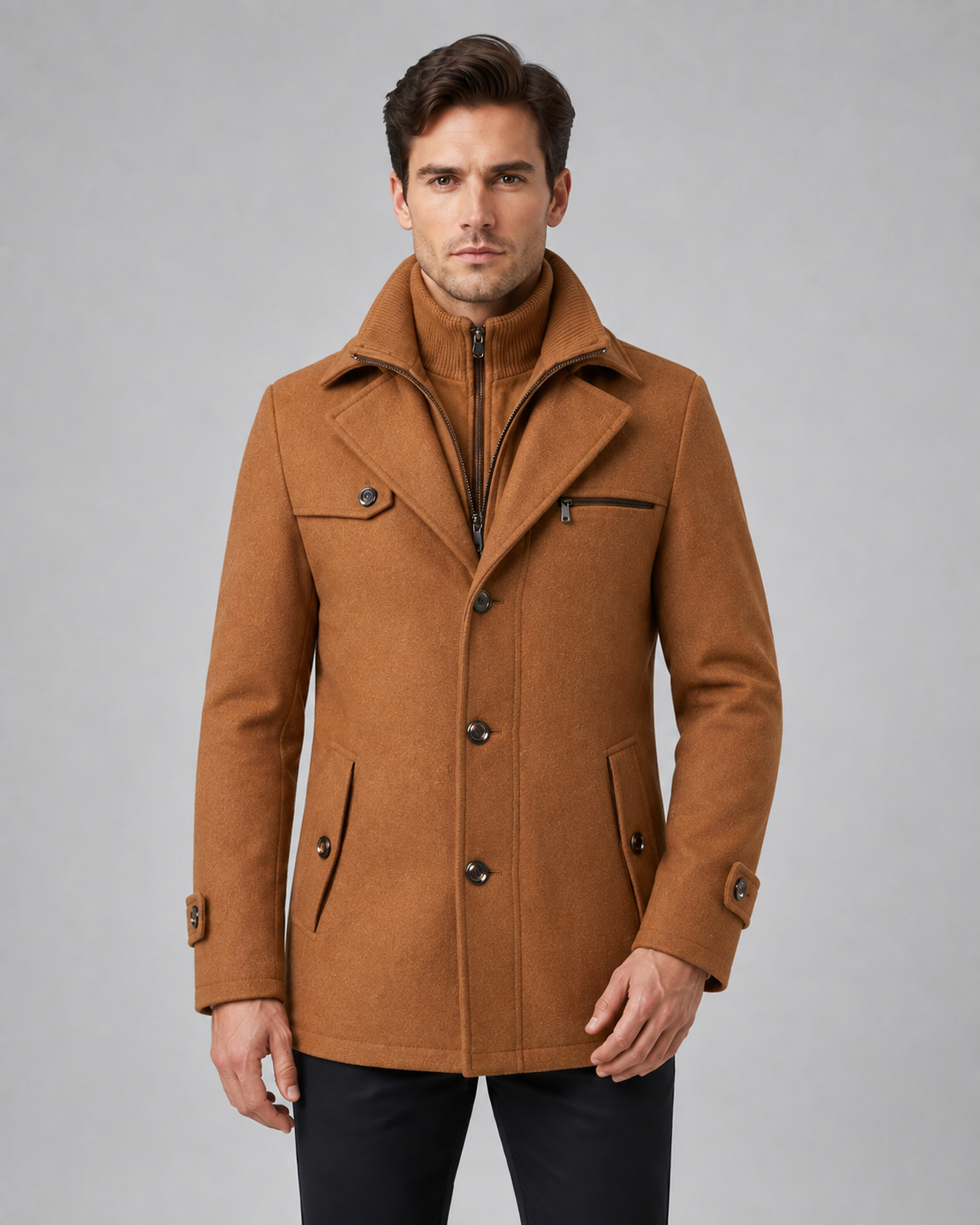 Men's Wool Coat Zip Insert Funnel Neck Tailored