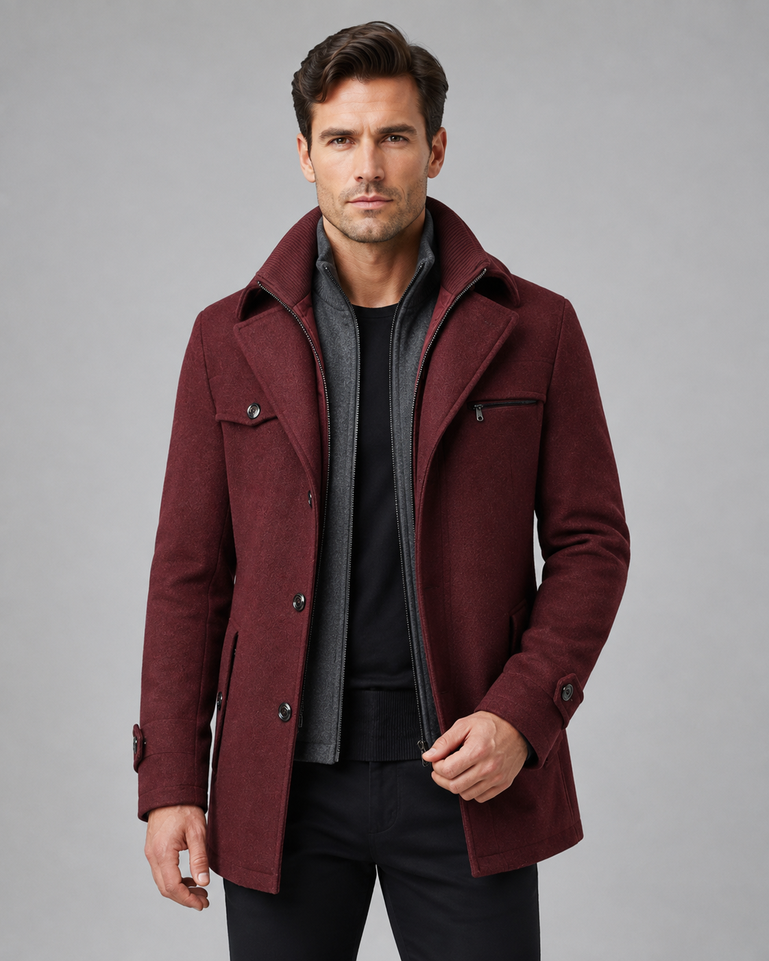 Men's Wool Coat Zip Insert Funnel Neck Tailored