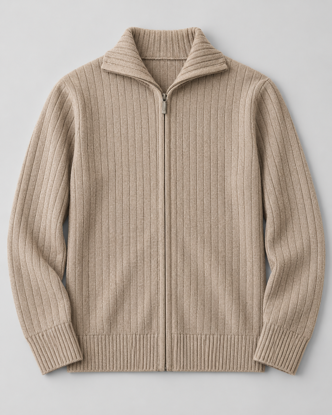 Men's Wool Full-Zip Sweater - Funnel Neck Long Sleeve