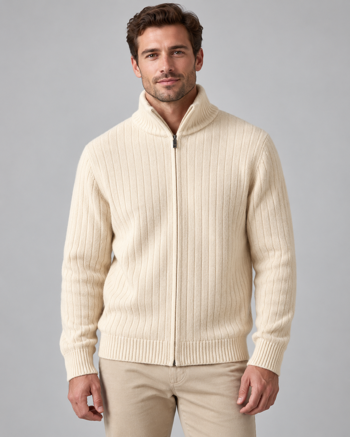Men's Wool Full-Zip Sweater - Funnel Neck Long Sleeve