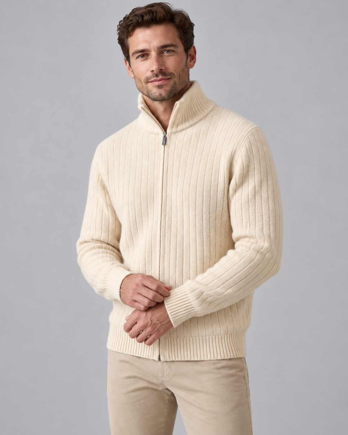 Men's Wool Full-Zip Sweater - Funnel Neck Long Sleeve