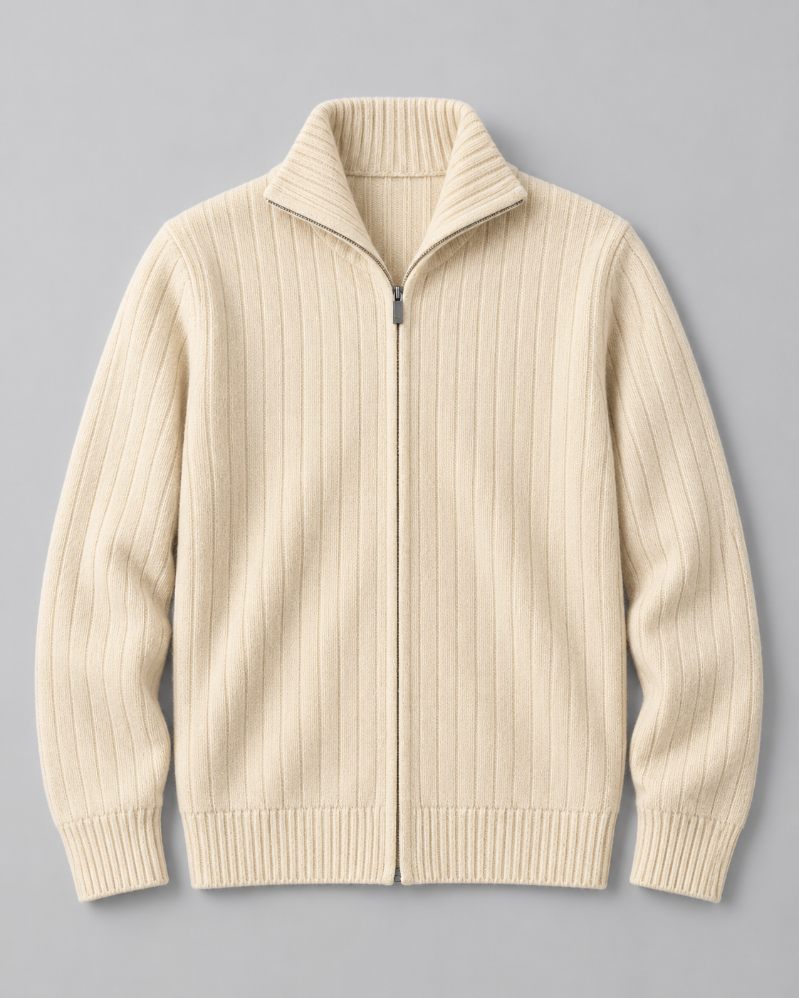 Men's Wool Full-Zip Sweater - Funnel Neck Long Sleeve