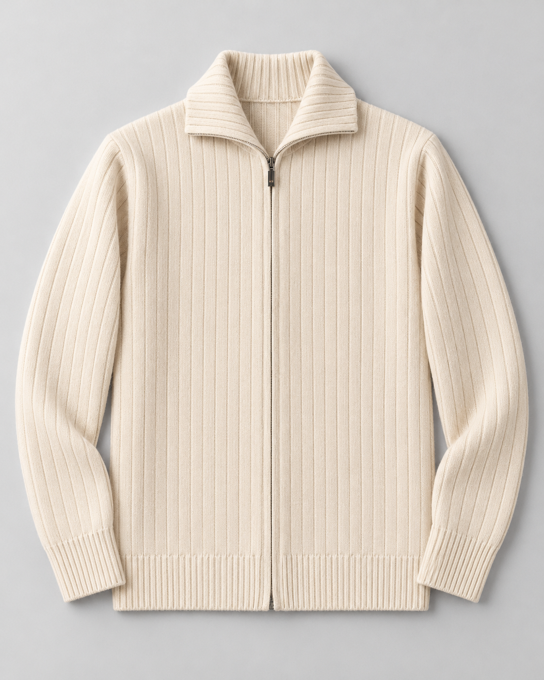 Men's Wool Full-Zip Sweater - Funnel Neck Long Sleeve