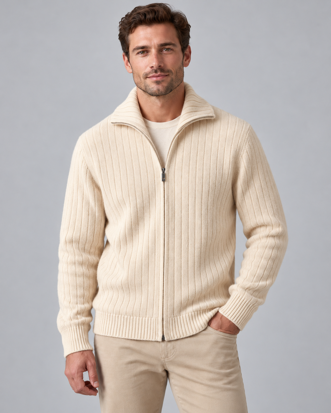 Men's Wool Full-Zip Sweater - Funnel Neck Long Sleeve