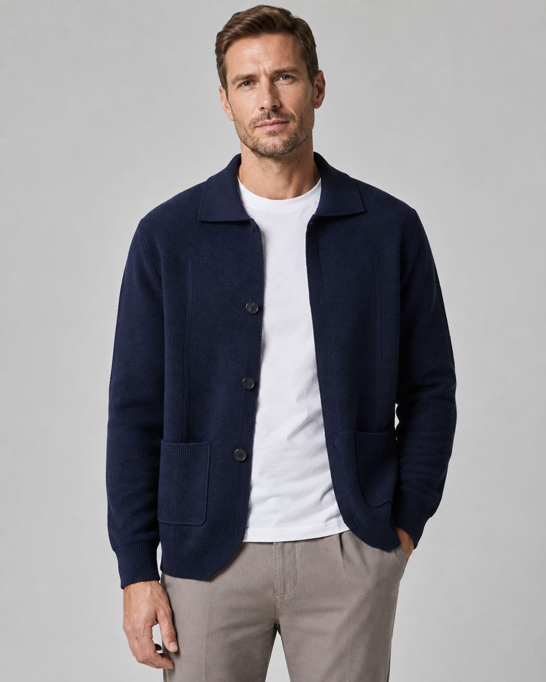 Men's Wool Overshirt - Textured Knit Button-Front