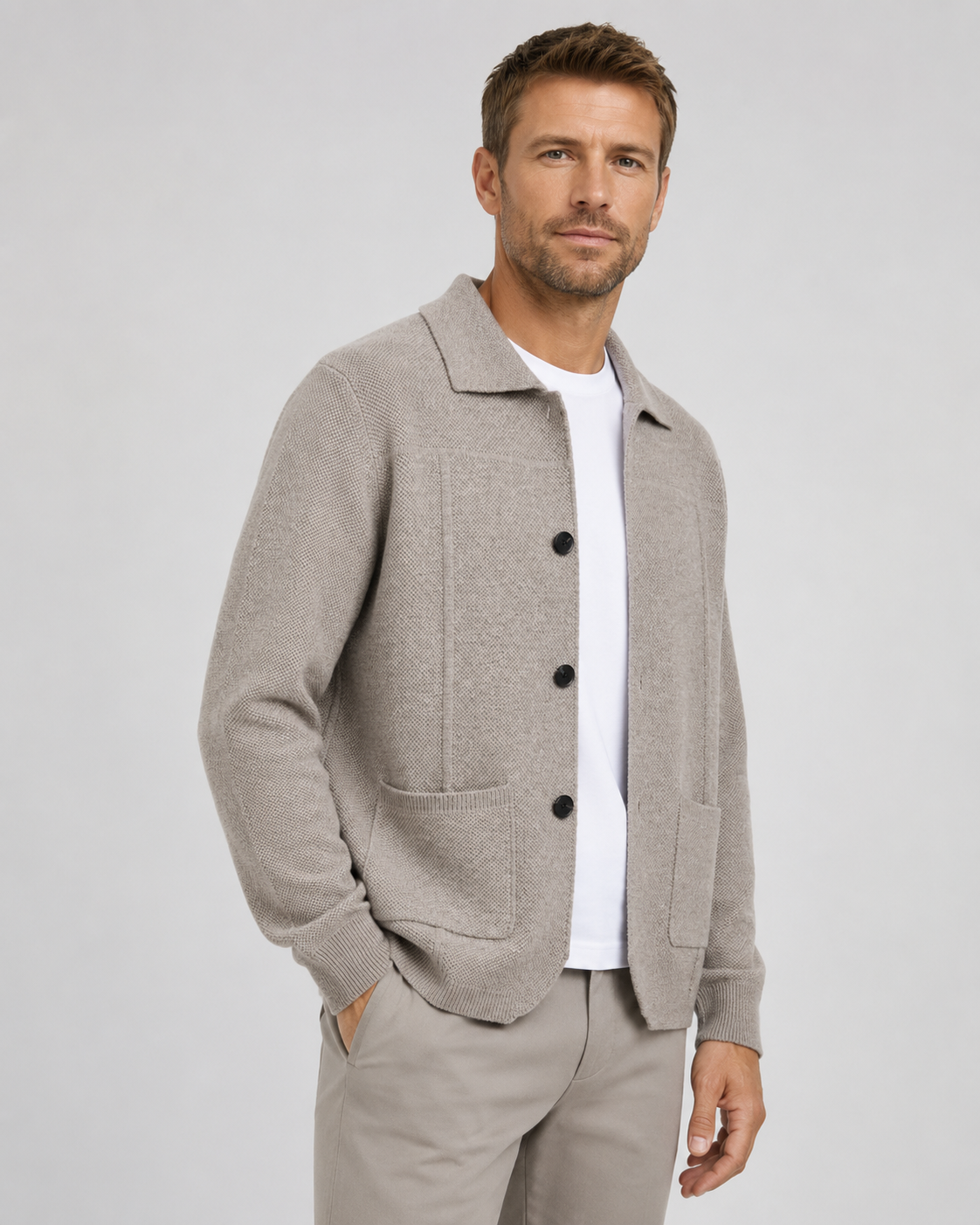 Men's Wool Overshirt - Textured Knit Button-Front