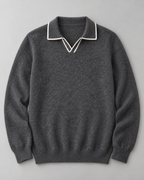 Men's Wool Polo Sweater - Contrast Trim Collar