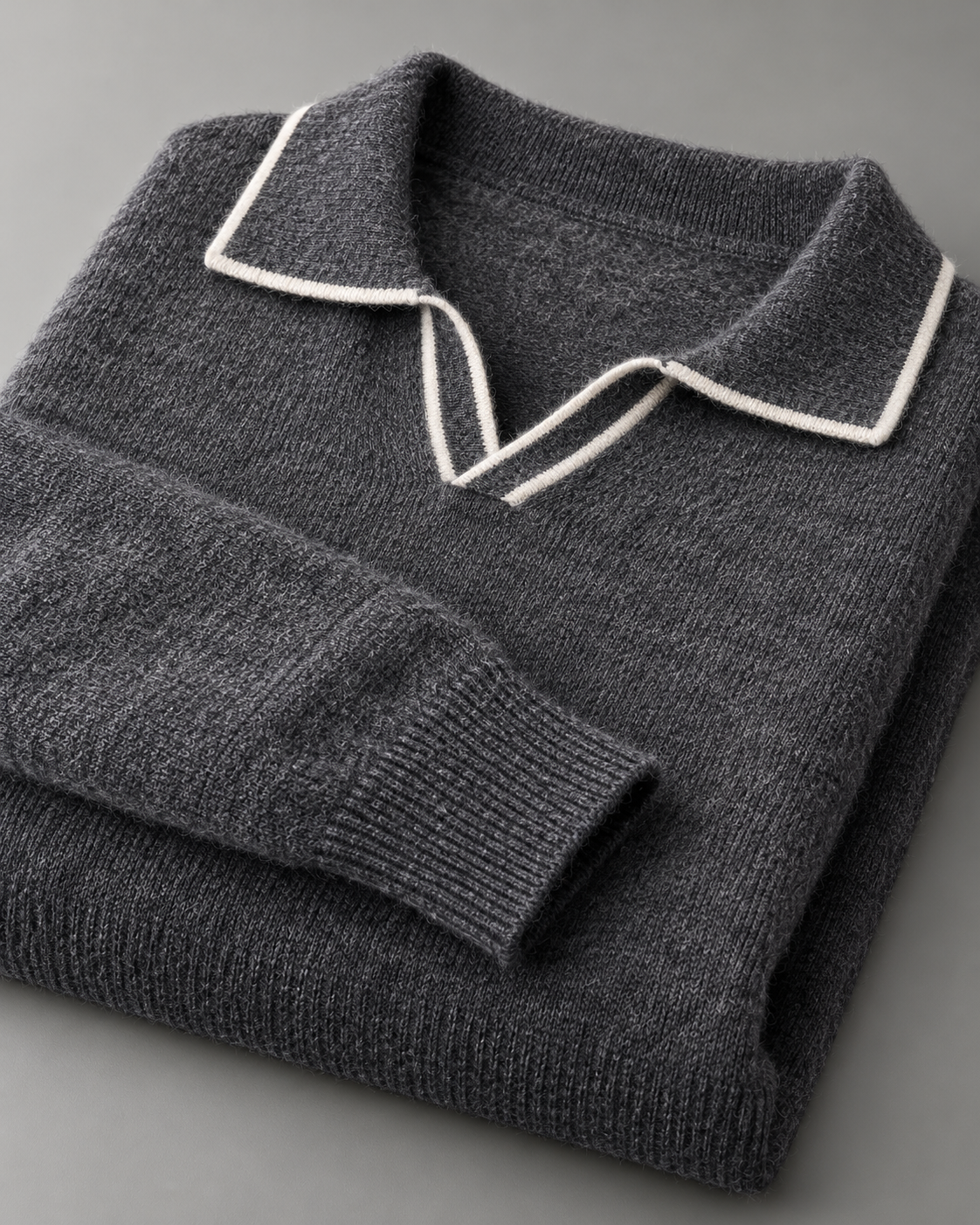 Men's Wool Polo Sweater - Contrast Trim Collar
