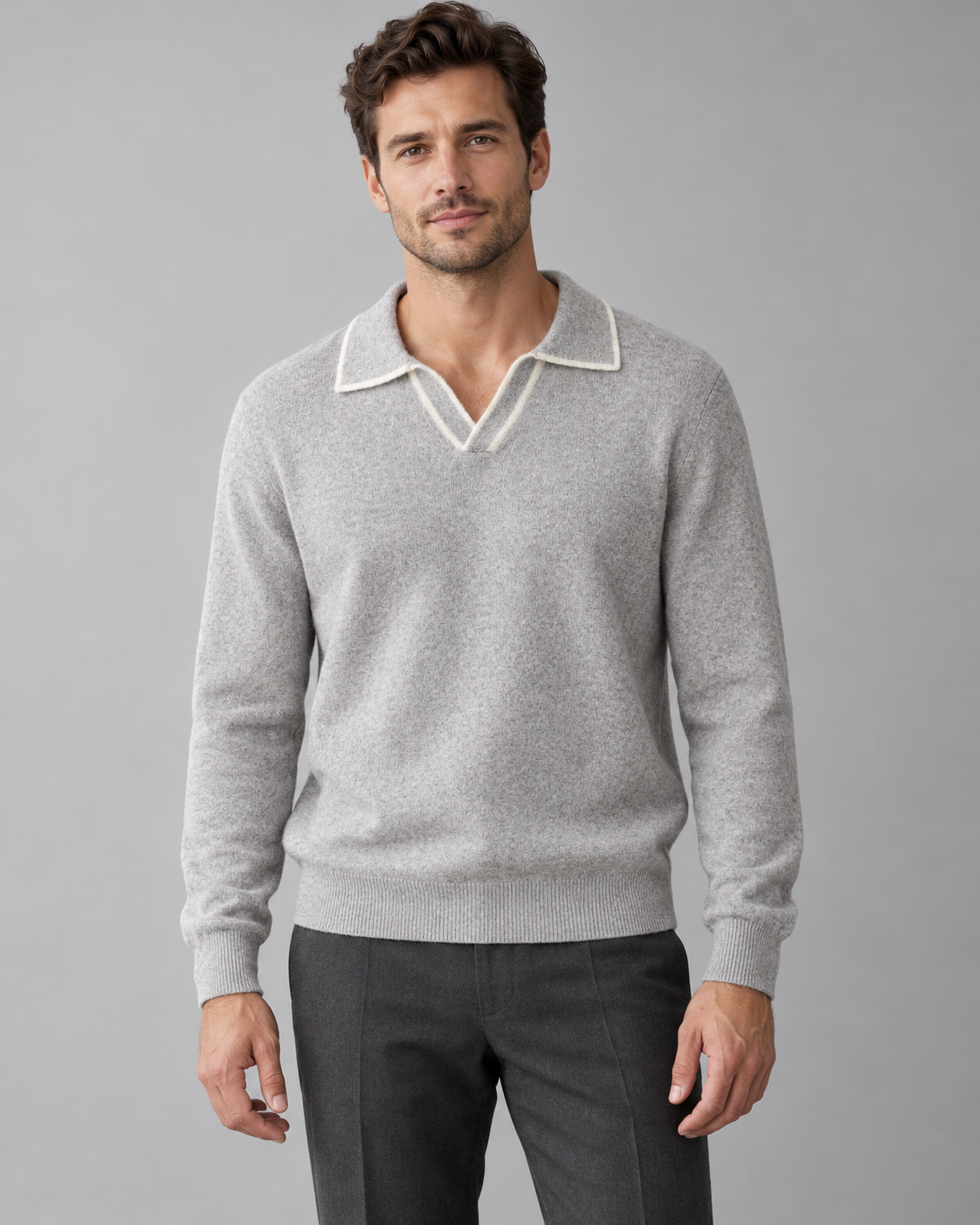 Men's Wool Polo Sweater - Contrast Trim Collar