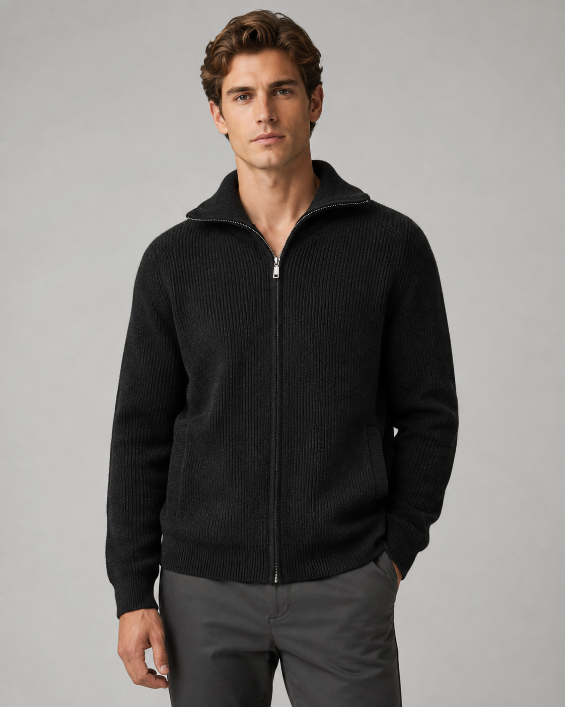 Men's Wool Quarter-Zip Sweater - Ribbed Mock Neck Regular Fit