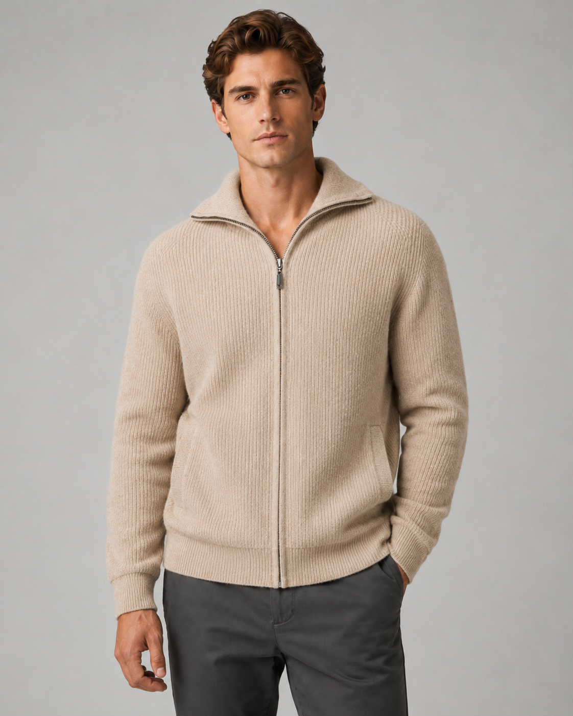 Men's Wool Quarter-Zip Sweater - Ribbed Mock Neck Regular Fit