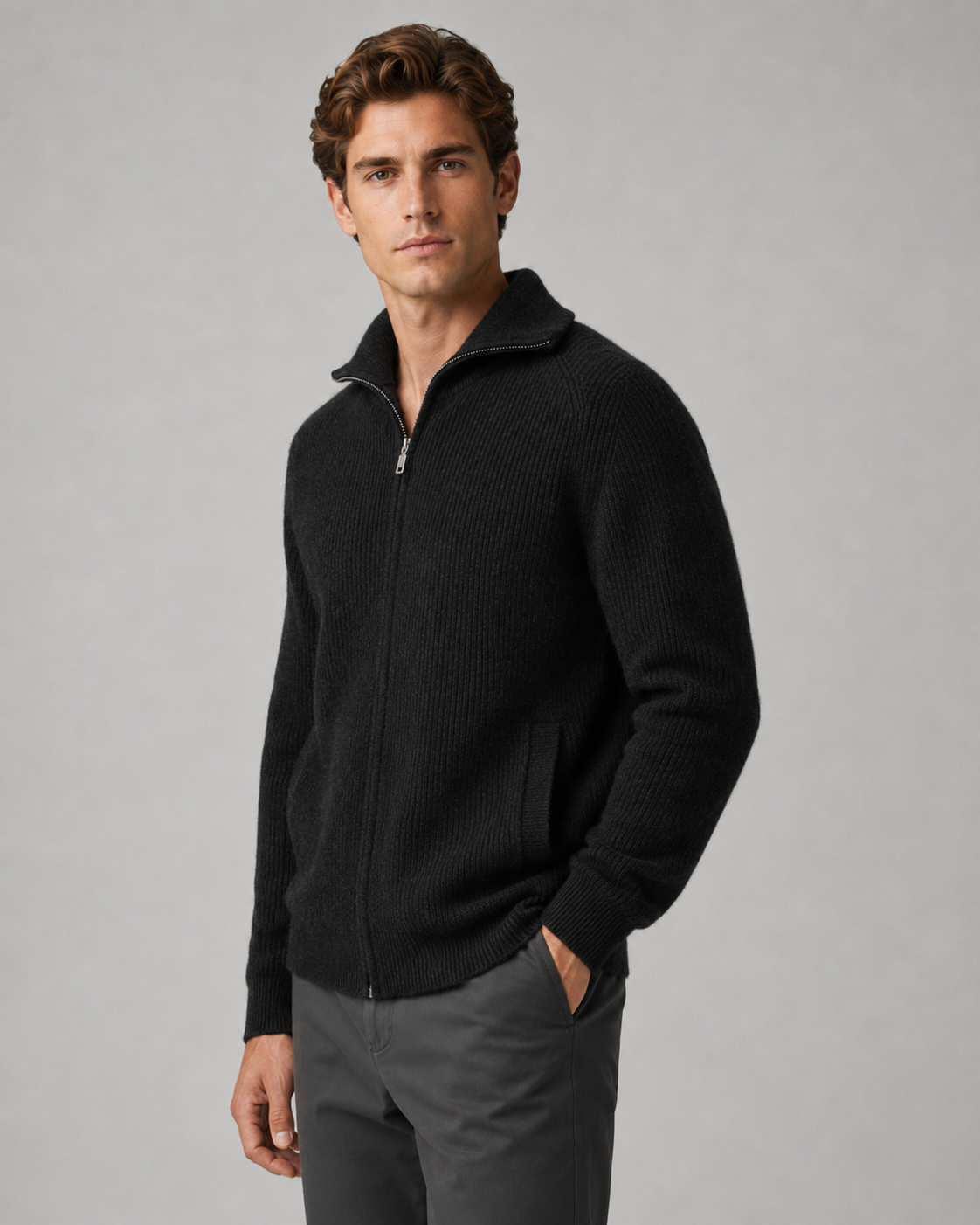 Men's Wool Quarter-Zip Sweater - Ribbed Mock Neck Regular Fit