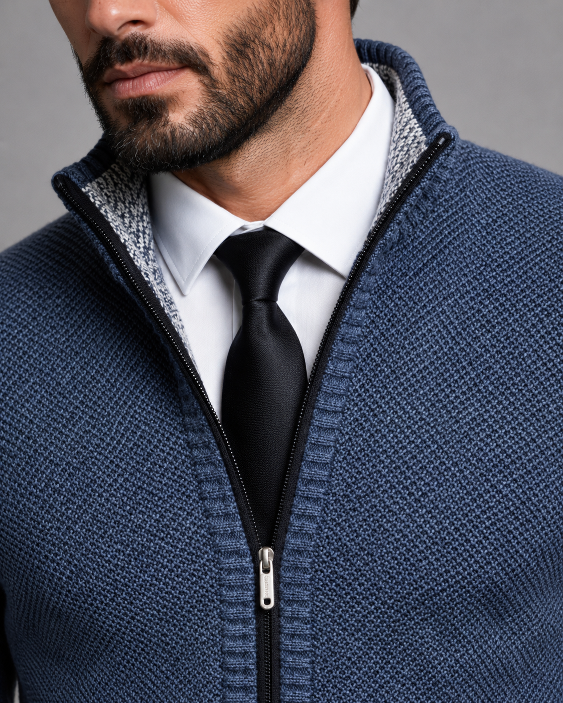 Men's Zip Sweater - Funnel Neck Textured Knit