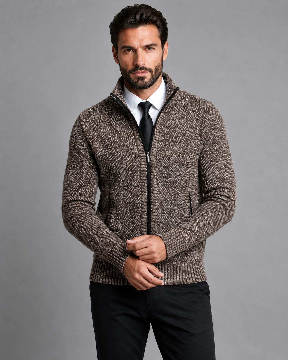 Men's Zip Sweater - Funnel Neck Textured Knit