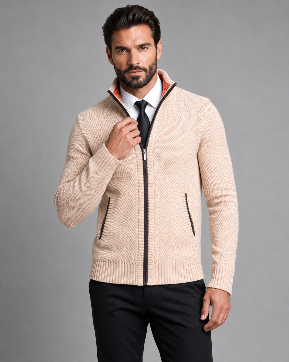 Men's Zip Sweater - Funnel Neck Textured Knit