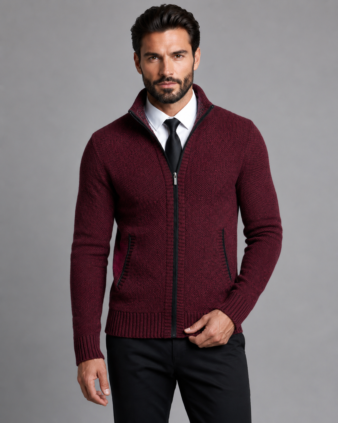 Men's Zip Sweater - Funnel Neck Textured Knit