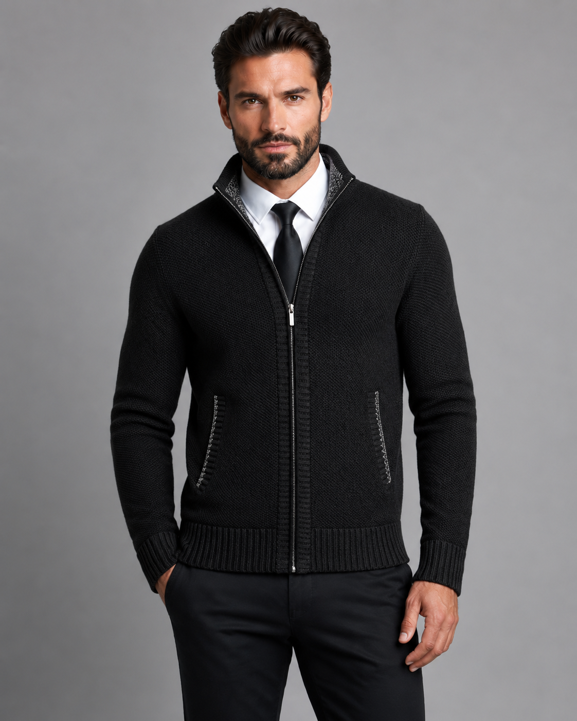 Men's Zip Sweater - Funnel Neck Textured Knit